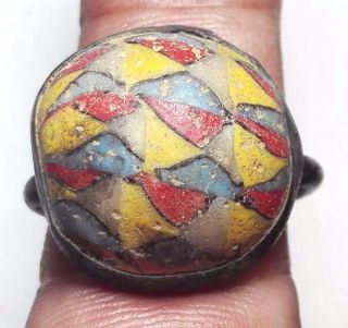 Mosaic Ancient Glass Old Wonderful Bronze Lovely Unique Ring 9 Size 19 Mm. photo