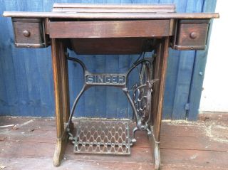 Vintage Brass Treadle Peddle Singer Sewing Machine & Accessories Upcycle Table photo