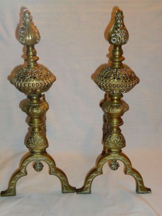 Pair Old Solid Cast Brass Andirons / Fire Dogs Antique Vintage Large Numbered photo