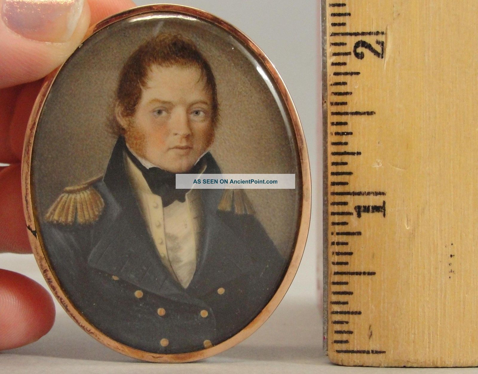 Antique War Of 1812 Naval Officer Miniature Portrait Painting & Hair Jewelry,  Nr Folk Art photo