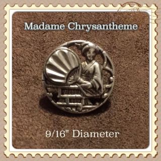 Rare Vintage Antique Madame Chrysantheme Silver Stamped Picture Metal Button photo