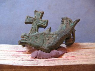 Fish With Cross Fibula Ancient Roman Bronze Early Christian Brooch 5 - 7 Ct A.  D. photo
