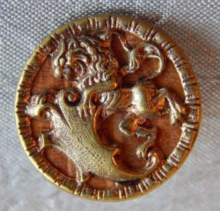 Antique Vintage Brass And Wood Picture Button Lion 1305 - A photo
