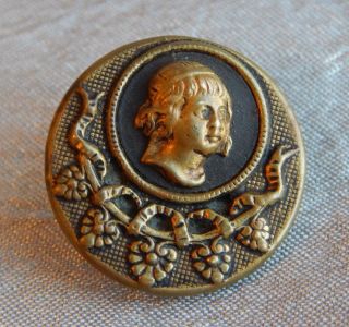 Antique Brass Picture Button Victorian Lady Camoe 1326 - A photo
