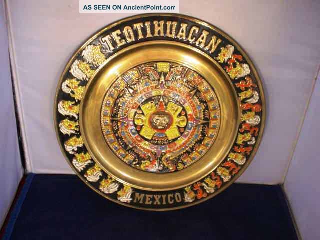 Vintage Enameled Brass Mayan Calendar Aztec Teotihuacan Mexico Wall Plaque Latin American photo