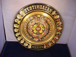 Vintage Enameled Brass Mayan Calendar Aztec Teotihuacan Mexico Wall Plaque photo