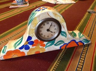 Lovely Old 1930s Hand Painted China Art Deco Clarice Cliff Style Mantle Clock photo