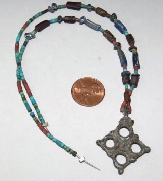 Ancient Viking Norse Cross Pendant W Roman Glass Beads 900 - 1100ad photo