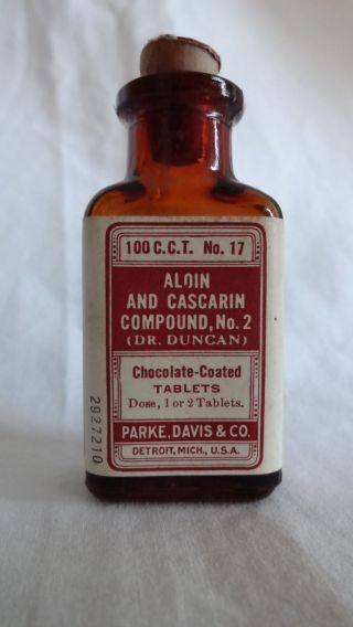 Antique Small Parke Davis Apothecary Medicine Aloin Cascarin Bottle Cork Top photo