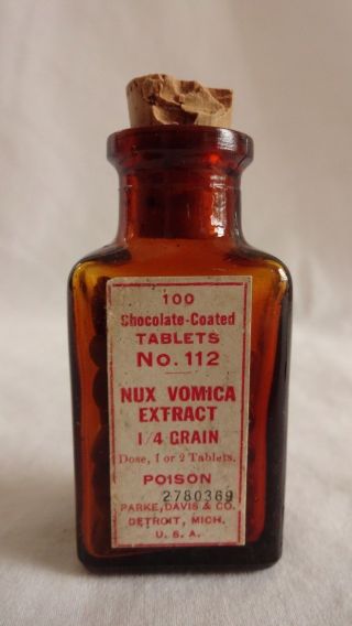 Vintage Parke Davis Poison Apothecary Medicine Nux Vomica Bottle Full Contents photo