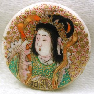Antique Meiji Era Satsuma Button Detailed Immortal Image Gold Accents 1 