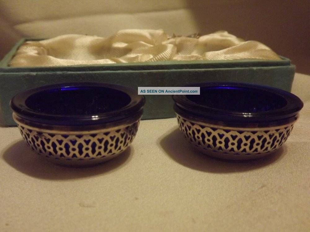 Art Deco Cobalt Glass Sterling Silver Filigree Surround Salt Dips Sterling Spoon Art Deco photo