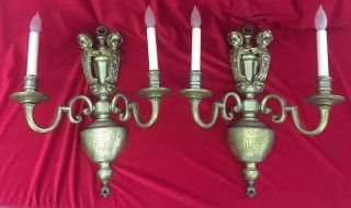 Vintage Pair Solid Brass Engraved Double Sconce Light photo