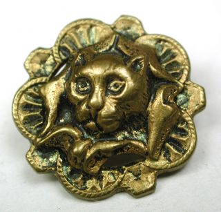 Antique Pierced Brass Button Cat Face In A Flower Design - 11/16 