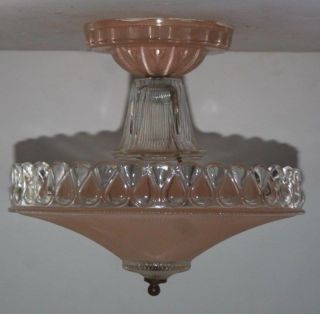 Antique Pink Glass Semi Flush Art Deco Light Fixture Ceiling Chandelier 1940s photo