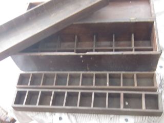 Antique ? Country Primitive Wooden Farm Tool Box With Lift - Out Divided Trays photo