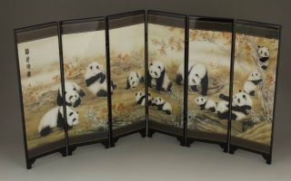 Good Chinese Lacquer Handwork Painting Panda Screen Scroll Nr photo