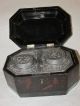 Vintage Chinoiserie Tea Caddy Japanned Black Lacquer Wood Box 2 Lidded Canisters Tea Caddies photo 2