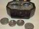 Vintage Chinoiserie Tea Caddy Japanned Black Lacquer Wood Box 2 Lidded Canisters Tea Caddies photo 3