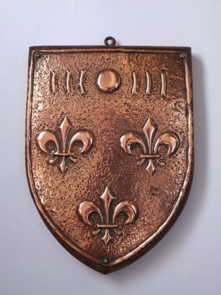 Antique Arts & Crafts Copper & Oak Shield Wall Plaque C.  1900 photo