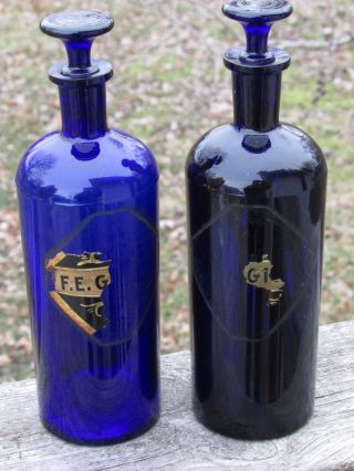 2 Early F.  E.  ??? Cobalt Blue Apothecary Drugstore Label Under Glass Lug Bottles photo