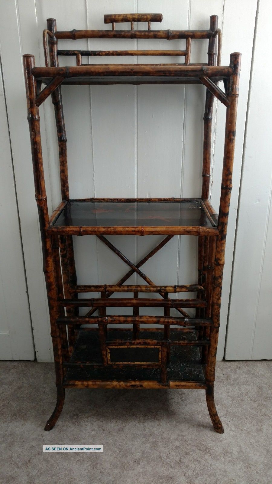 Solid Antique English Tortoise Bamboo Bookcase Plant Stand Asian Birds Floral 1900-1950 photo