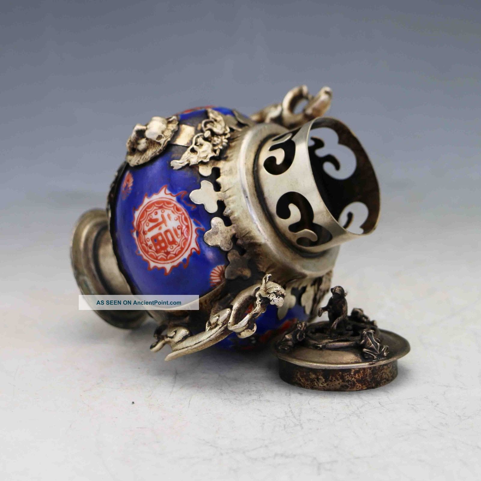 Chinese Antique Porcelain Inlaid Tibetan Silver&Monkey Lid Incense Burner 