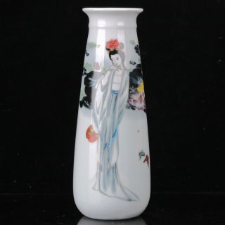 Famille Rose Porcelain Hand - Painted Girl & Lotus Vase W Qianlong Mark photo
