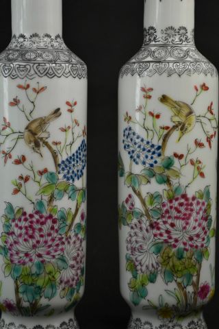 Old Porcelain Drawing Flower & Look At Each Other Bird Rare Lucky Pair Vase photo