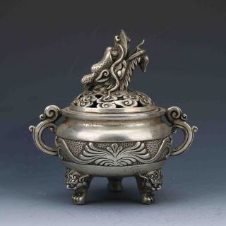Chinese Tibetan Silver Hand - Carved Incense Burner &dragon Lid G542 photo