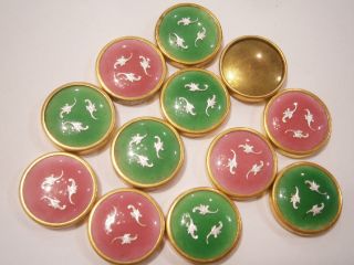 12 Pink & Green Group French Enamel Buttons Nos photo