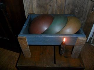 Primitive Early Look Wooden Bin,  (3) Dough Bowls,  Make Do Candle,  Farmhouse Blue photo