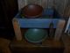 Primitive Early Look Wooden Bin,  (3) Dough Bowls,  Make Do Candle,  Farmhouse Blue Primitives photo 6
