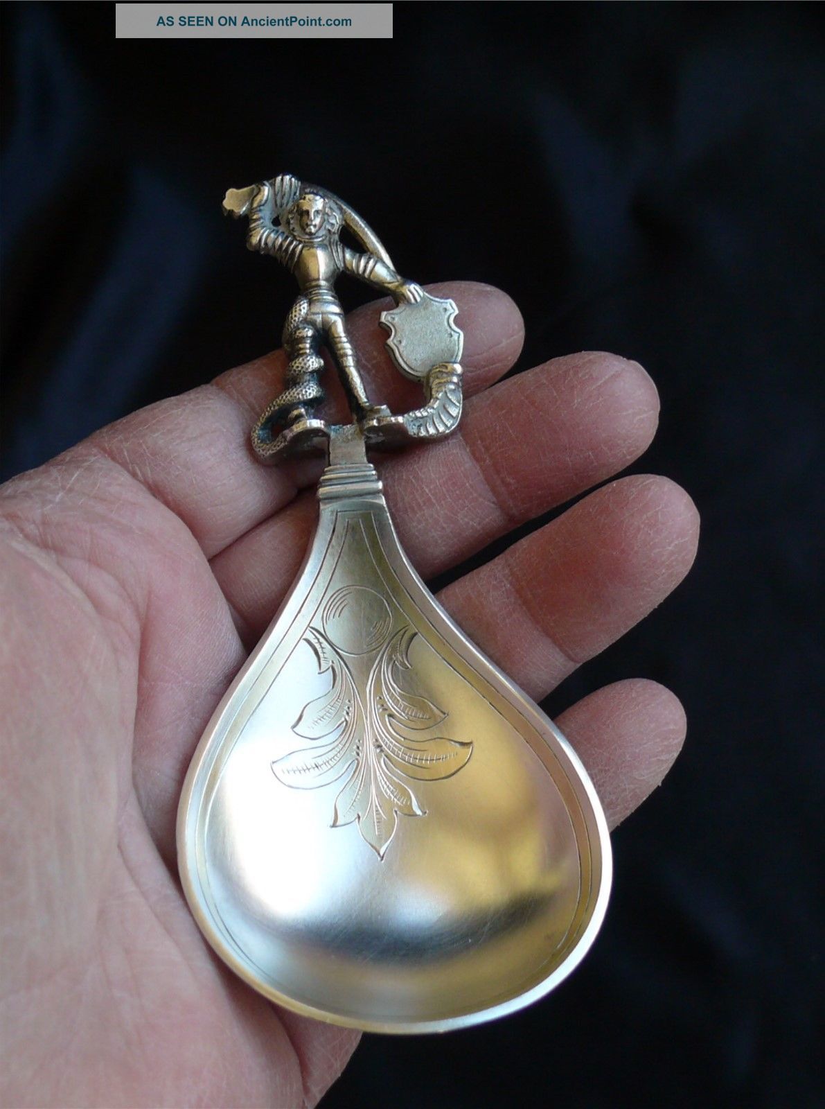 Norway 830 Silver Engraved Tea Caddy Spoon W/ Figural Tip Scandinavia photo