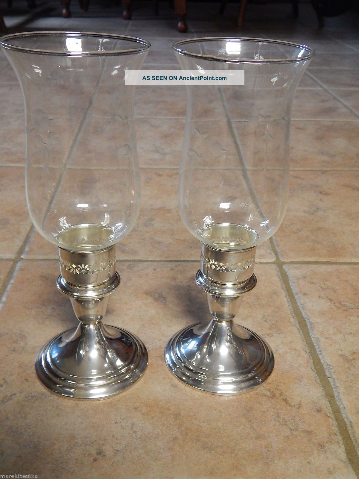 Gorham Sterling Silver & Art Deco Cut Glass Hurricane Candleholder Pair Candlesticks & Candelabra photo