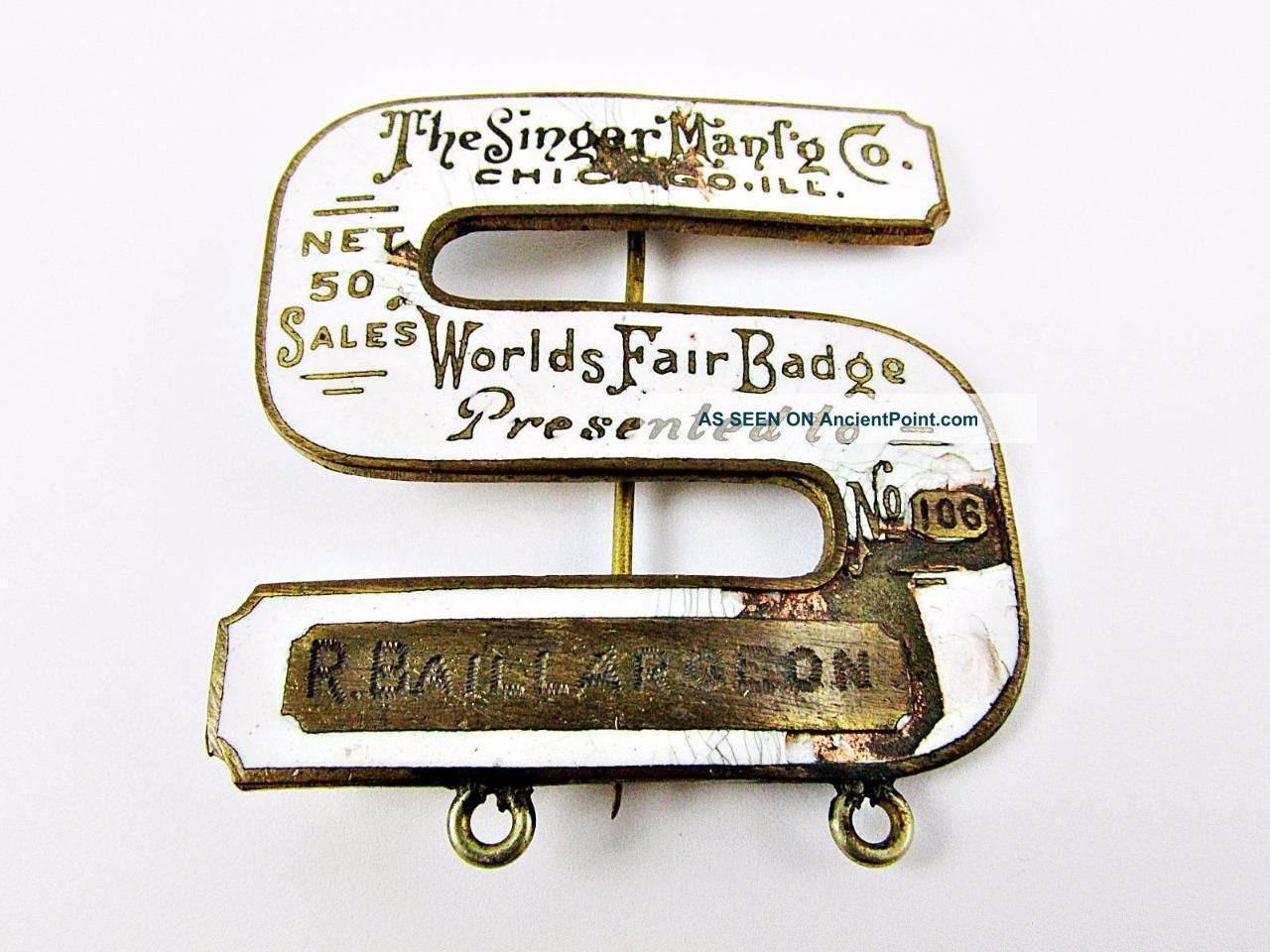 1893 Columbian Expo Chicago World ' S Fair Singer Sewing Machine Sales Award Badge Other Antique Sewing photo