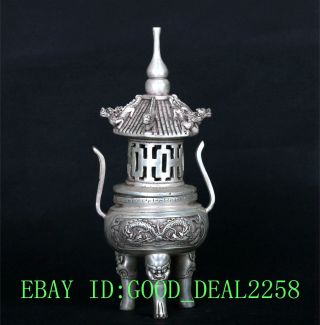 Chinese Silver Copper Handwork Carve Dragon Incense Burner Qianlong Mark Csy660 photo