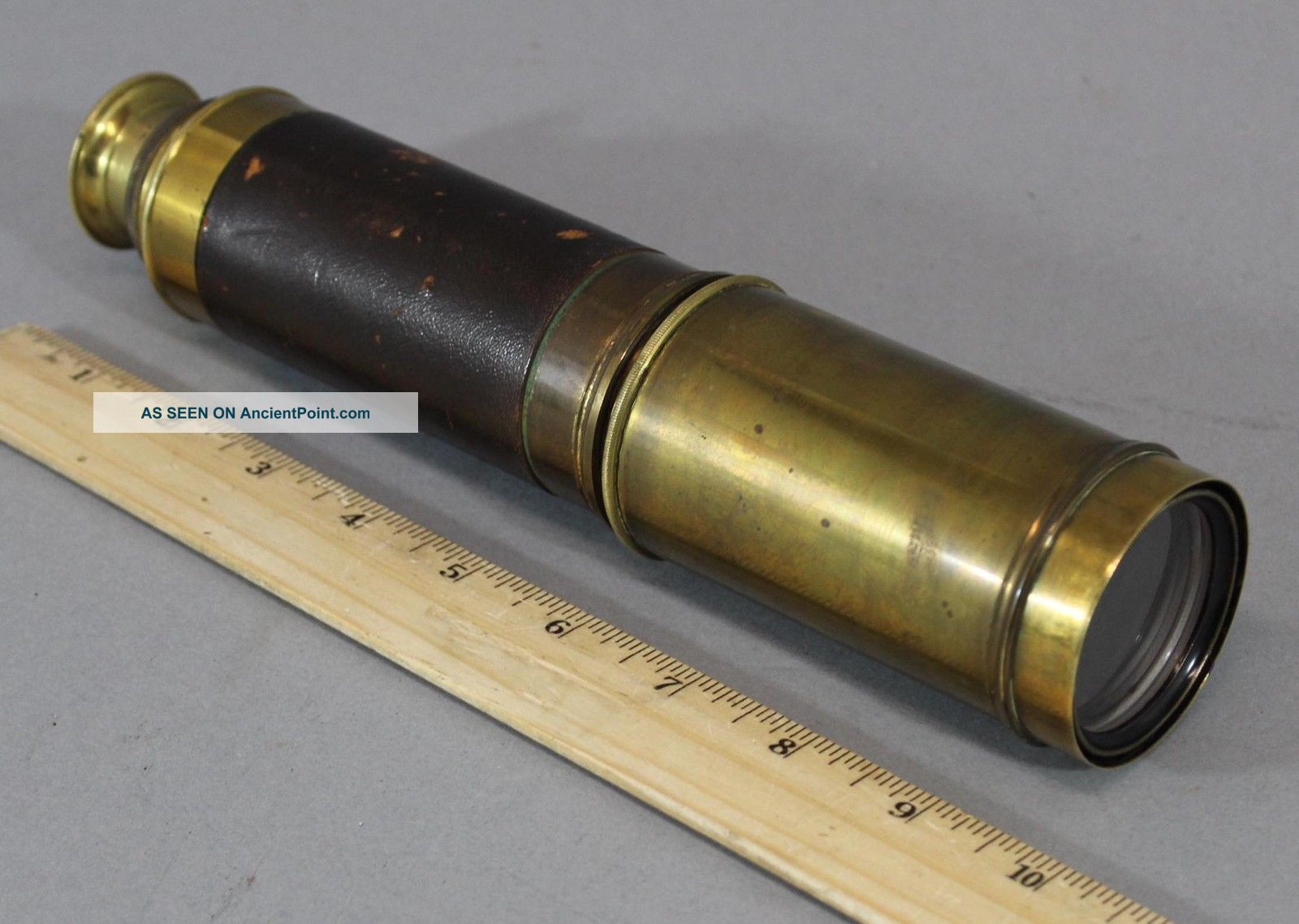 19thc Antique 3 - Draw Brass & Leather,  Clear Telescope, Telescopes photo