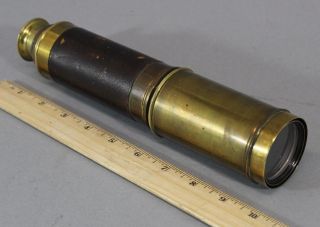 19thc Antique 3 - Draw Brass & Leather,  Clear Telescope, photo