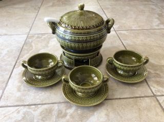 Vtg Mid Century Modern Celadon Green Soup Tureen,  Bowls,  Plates,  Ladle - Japan photo