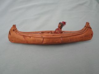 Vintage Hand Crafted Native Canadian Indian Birch Bark Model Canoe photo