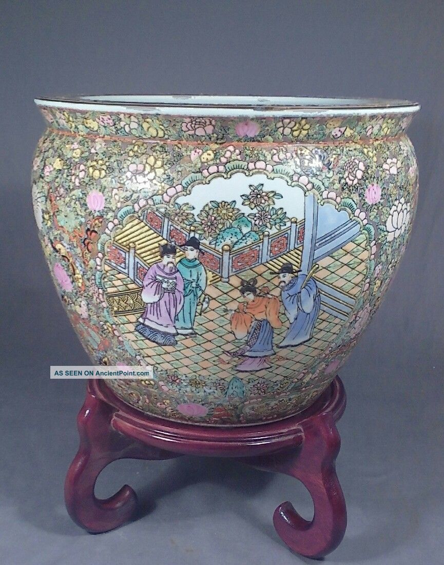 Large Vintage Chinese Porcelain Fish Bowl & Stand Famille Rose Jardinere Planter Bowls photo