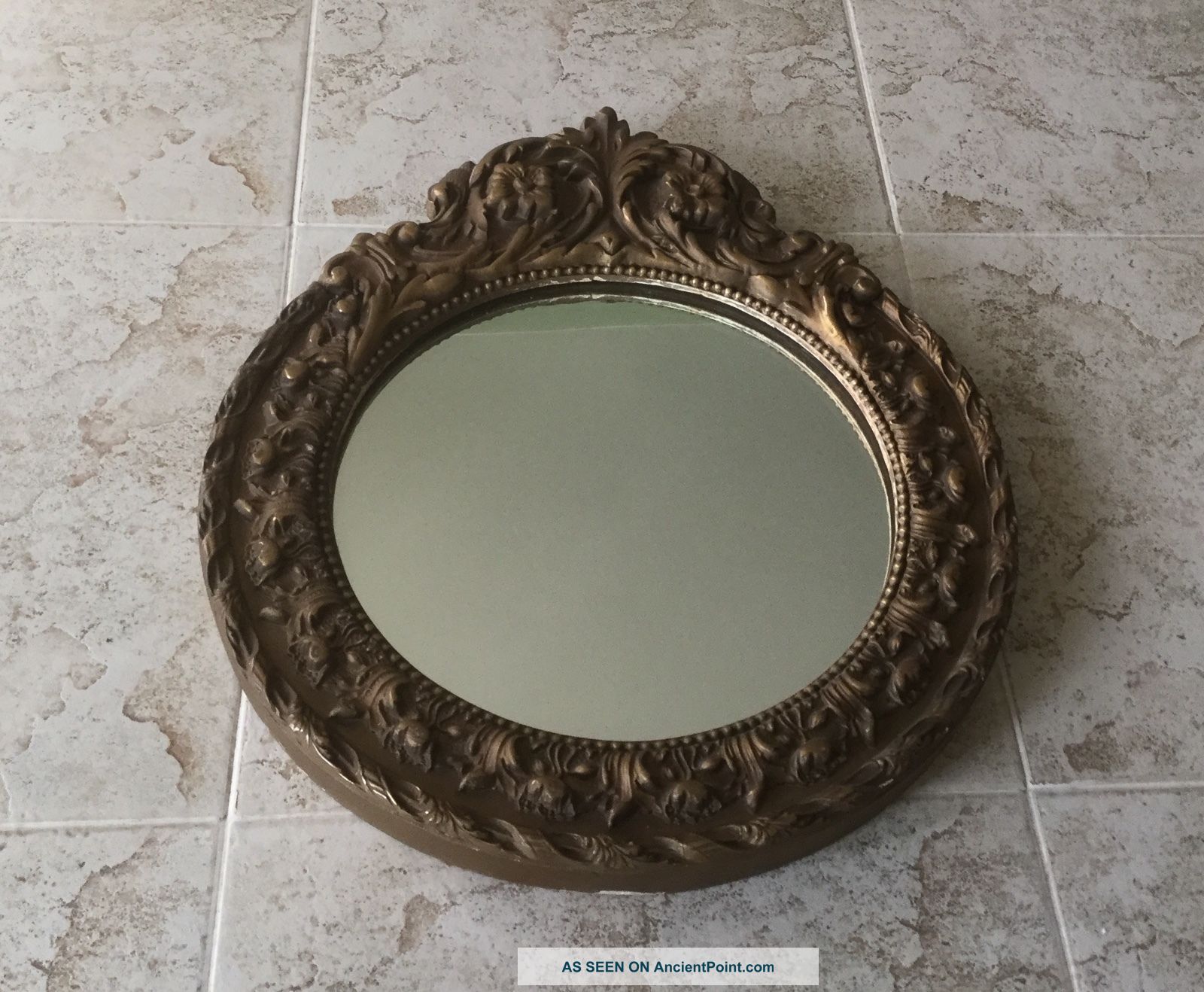 Ornate Embossed Decorative Round Wood Mirror - Antique.   556 Mirrors photo