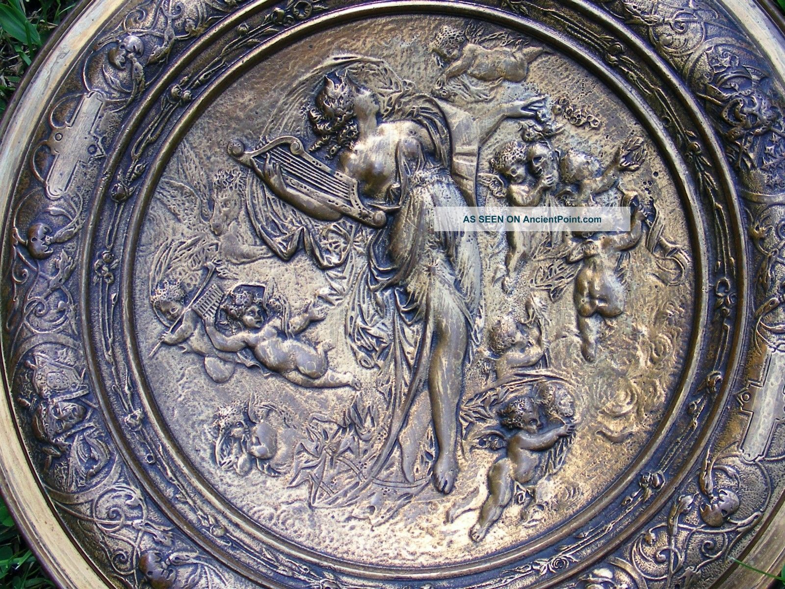 Antique Bronze Wall Plaque Putti Angeles Goddess Harp Lyre Pegasus 11.  5 
