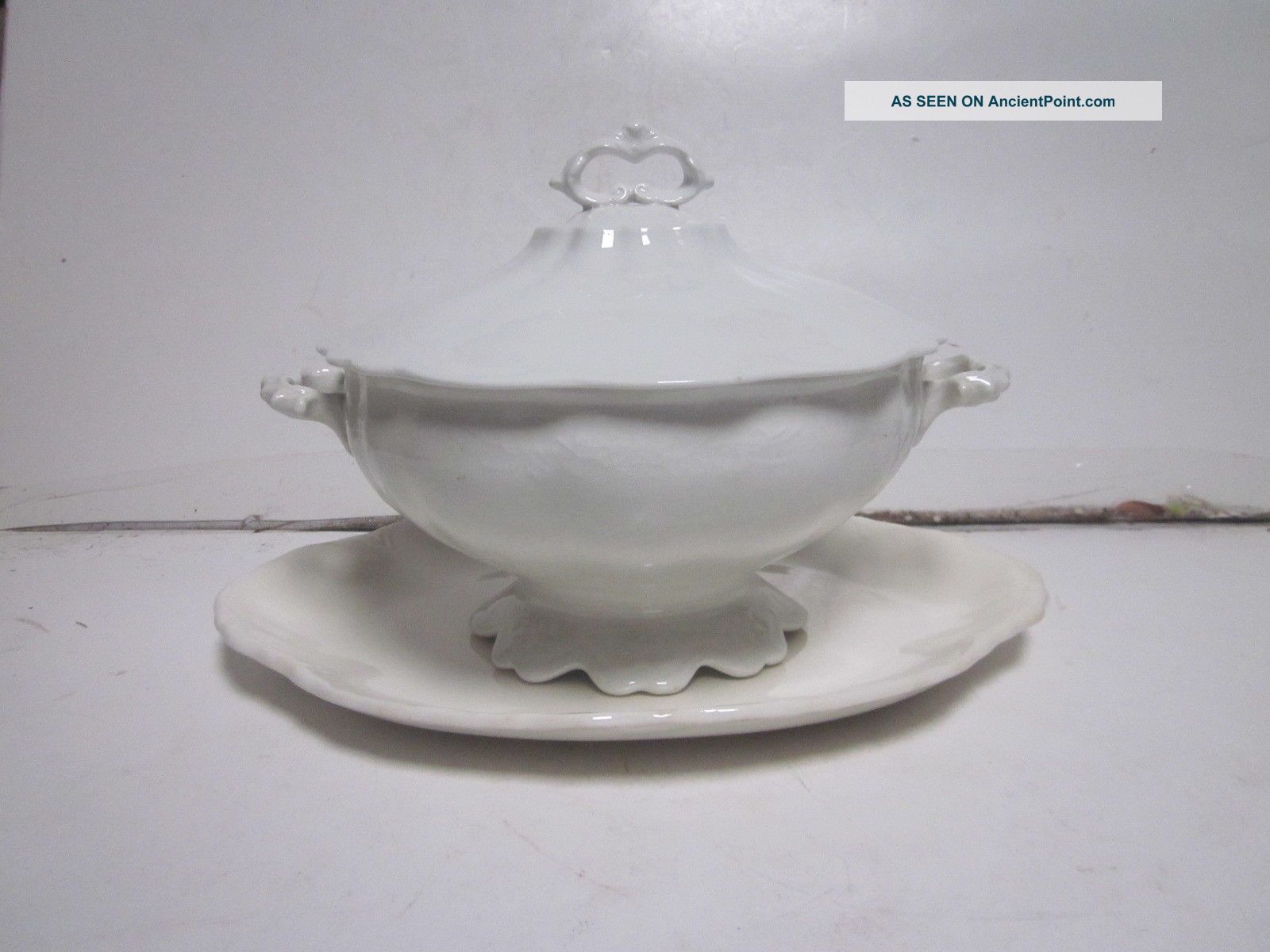 Antique Ironstone White Covered Serving Bowl & Small Bone Colored Platter (as - Is) Tureens photo