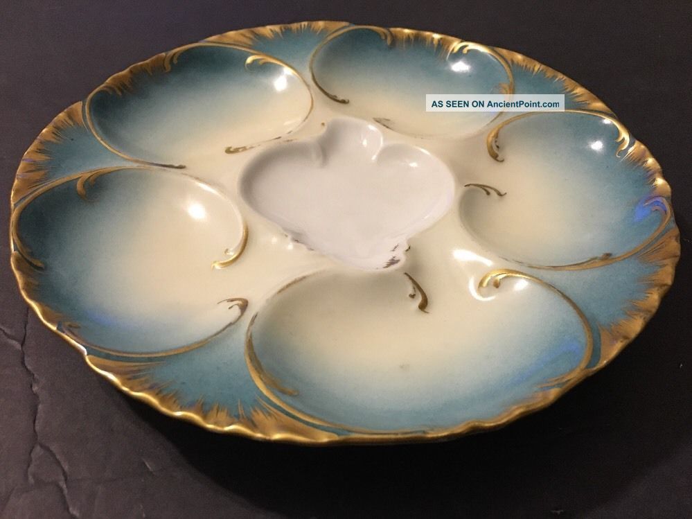 Antique France Limoges Porcelain 5 Well Oyster Plate Frank Haviland Aqua Gold Plates & Chargers photo