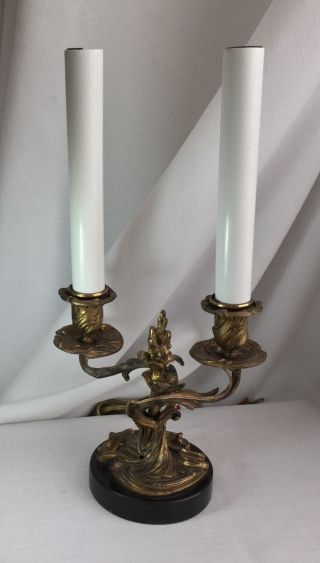 French Gilded Bronze Candlesticks Table Lamp/baroque Style/black Slate Base. photo