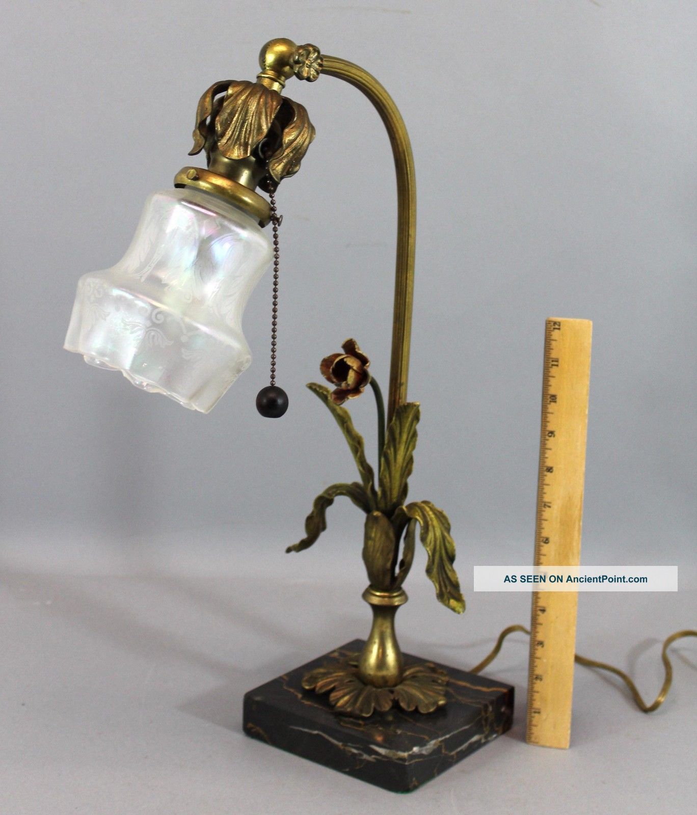Antique Painted Brass & Marble,  Art Nouveau Table Lamp & Art Glass Shade Nr Lamps photo