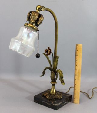 Antique Painted Brass & Marble,  Art Nouveau Table Lamp & Art Glass Shade Nr photo