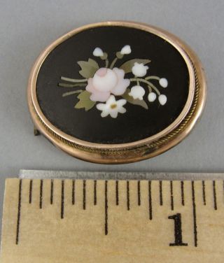 Antique Victorian Inlaid Stone Pietra Dura Flowers Gold Filled Pin,  Nr photo